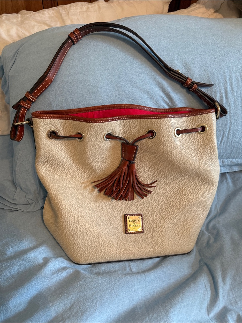Dooney & Bourke Cream Pebble Leather Drawstring Shoulder Bag with Brown Trim